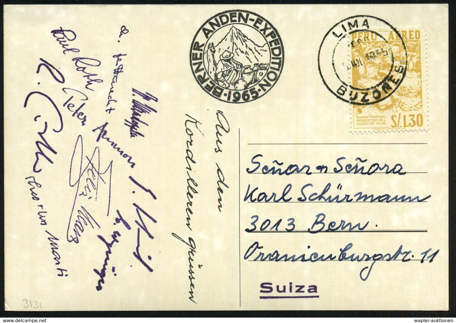 PERU /  SCHWEIZ 1965 (Mai) 2K: LIMA/BUZONES Auf S/w.-Expeditions-Sonder-Kt.: BERNER ANDEN-EXPEDITION 1965 + 9 Faksimilie - Geografia