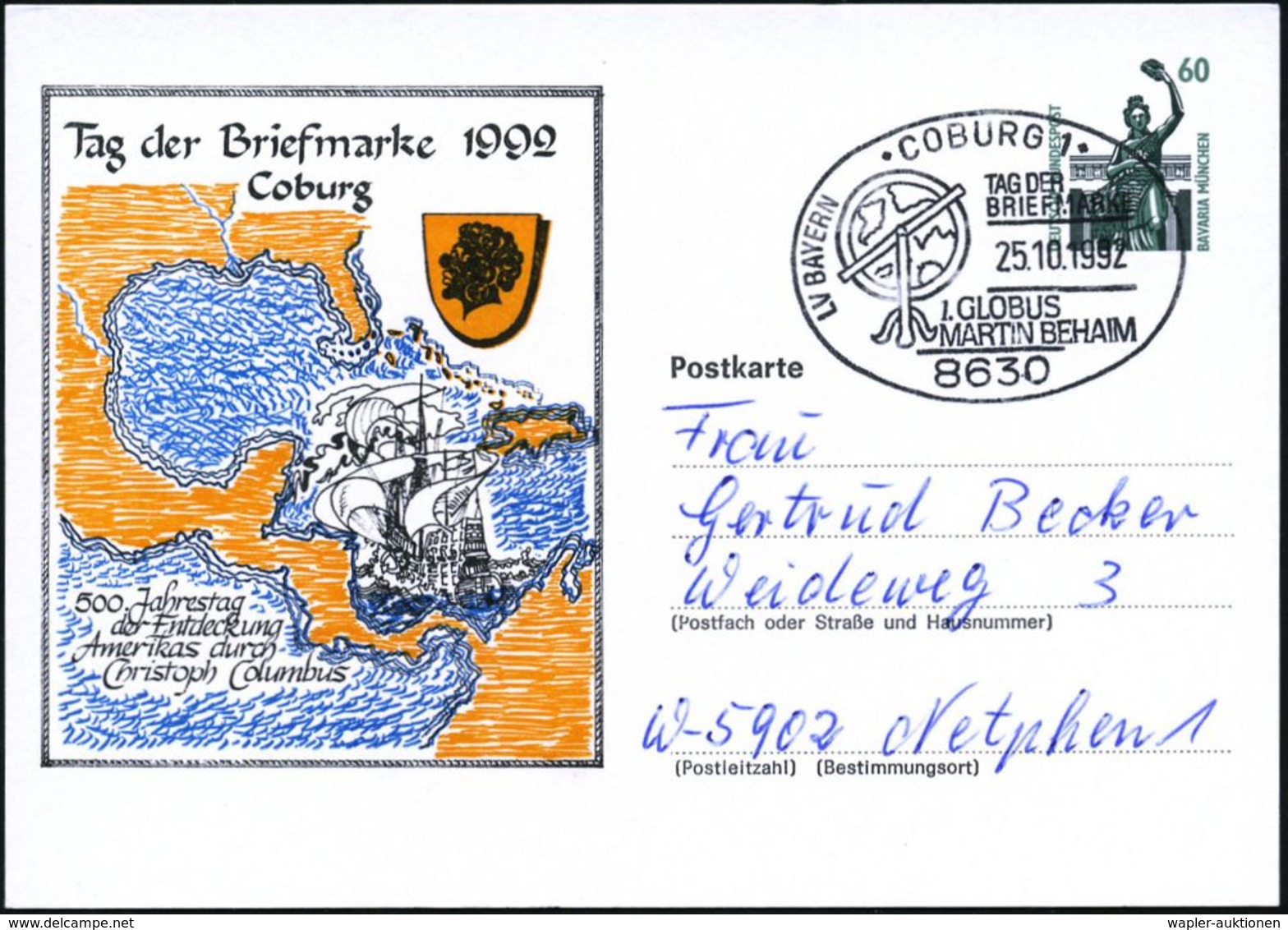 8630 COBURG 1/ TAG DER/ BRIEFMARKE/ 1.GOLUBS/ MARTIN BEHAIM 1992 (25.10.) SSt (Globus) Auf PP 60 Pf. Bavaria: Tag Der Br - Christophe Colomb