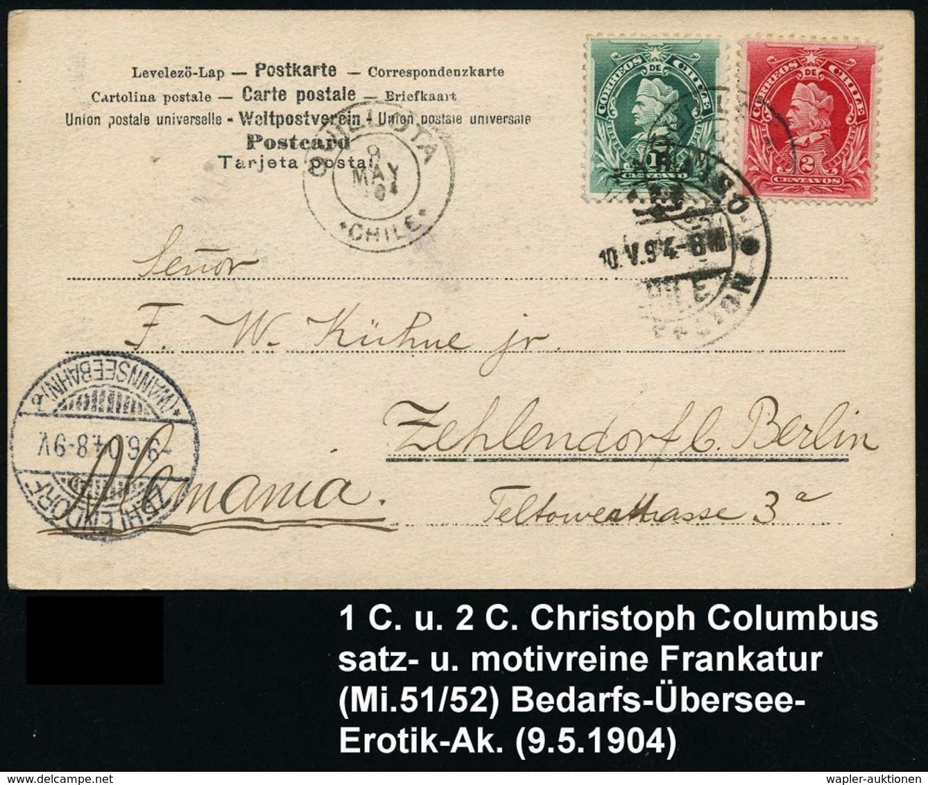 CHILE 1904 (9.5.) Columbus, Satzreine Zweifarben-Frankatur 1 C. Grün U. 2 C. Rot , 2K: QUILLOTA + TS, Übersee-Kitsch-Ak. - Christophe Colomb