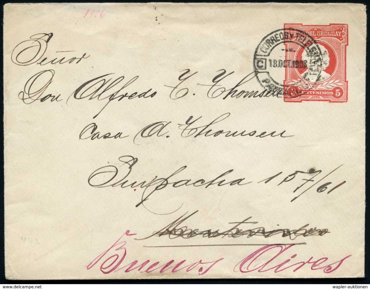 URUGUAY 1903 (18.10.) 5 C. U Columbus, Rot , Sauber Gest., Nachgesandter Ausl.-Bf. N. Buenos Aires, Rs. AS. (HG.B-14) -  - Cristóbal Colón