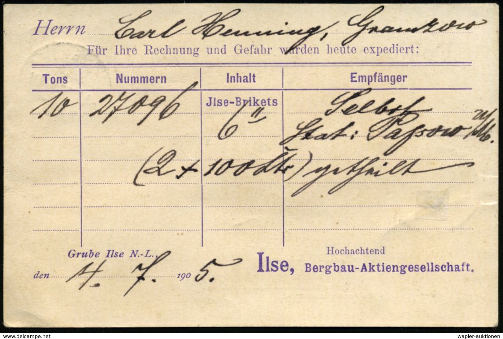 G R U B E   I L S E / *** 1905 (4.7.) Seltener 1K-Gitter = Hauspostamt Kohlengrube Auf EF 5 Pf. Germania (Mängel) Rs. Vo - Autres & Non Classés