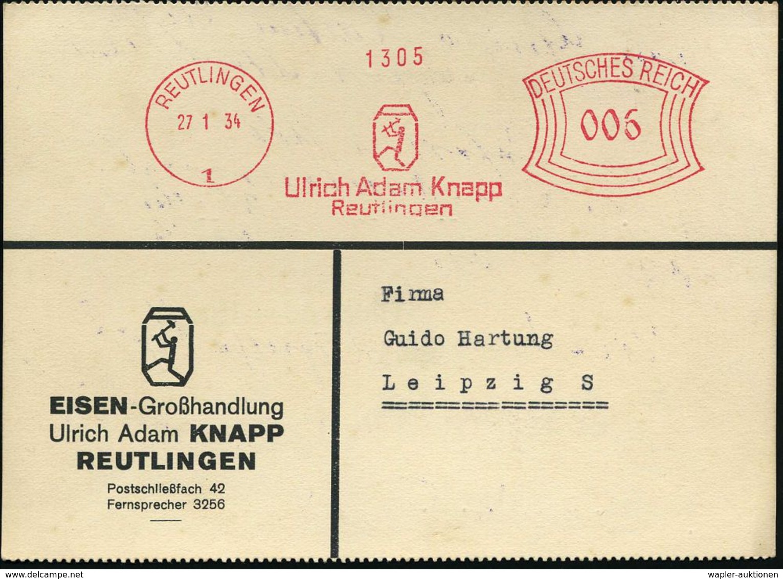 REUTLINGEN/ 1/ Ulrich Adam Knapp 1934 (27.1.) AFS (= Stilis. Bergknappe Vor Ort Mit Spitzhacke) Motivgl. Firmenkt. EISEN - Autres & Non Classés