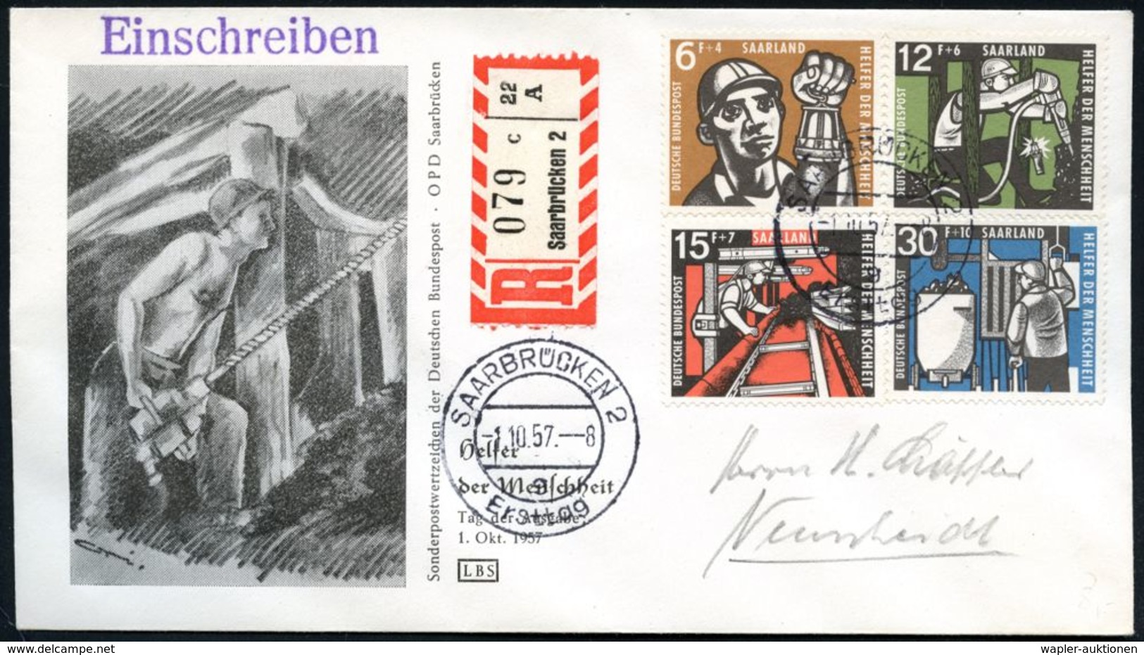 SAARLAND 1957 (1.10.) Kohlebergbau, WoFa-Satz Kompl. 2x 2K: SAARBRÜCKEN 2/Ersttag + RZ: Saarbrücke 2/c, Inl.-FDC-R-SU. ( - Autres & Non Classés