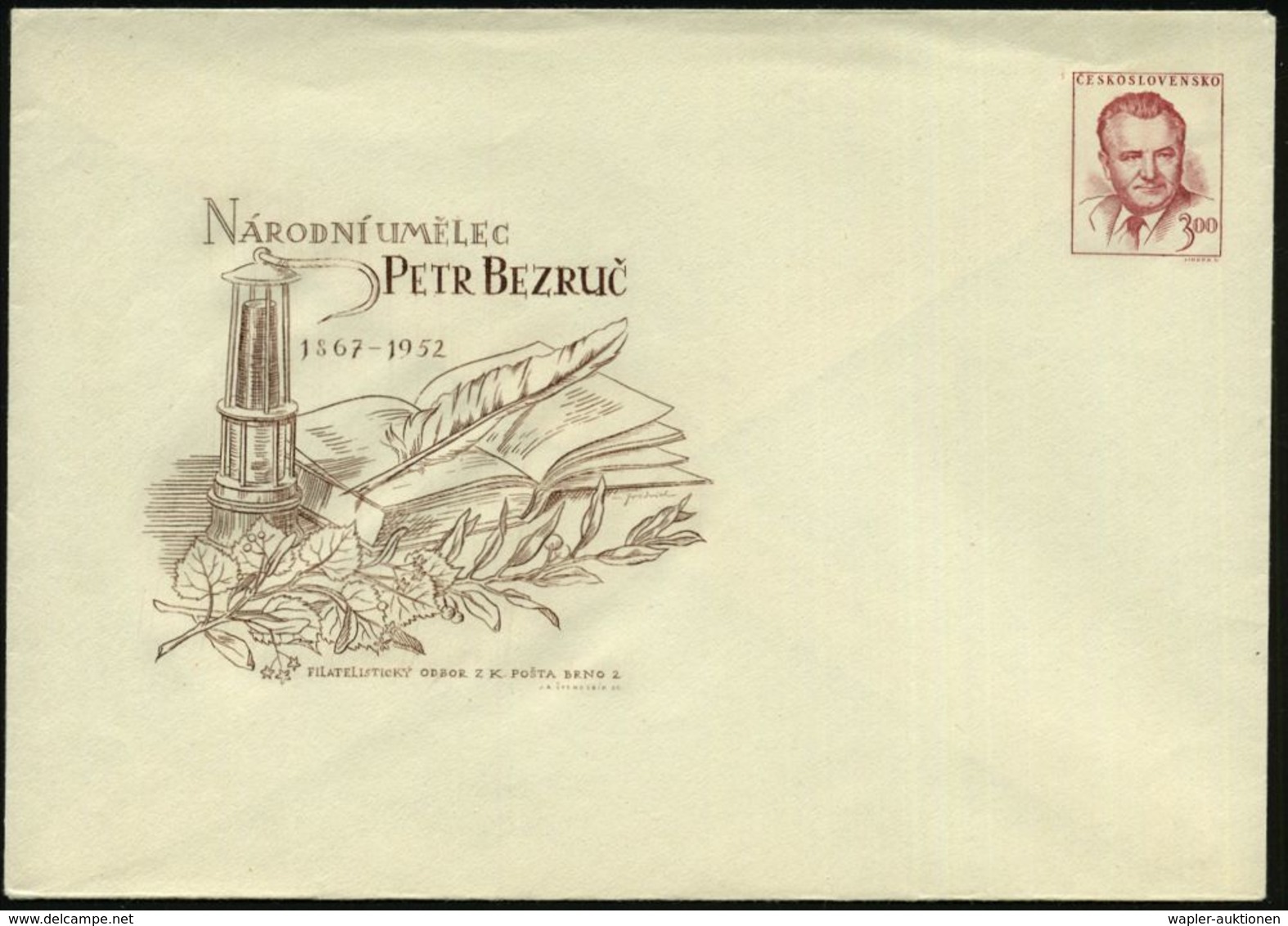 TSCHECHOSLOWAKEI 1952 PU 3,00 Kc. Gottwald, Karmin: PETR BEZRUC 1867 - 1952 = Grubenlampe (u. Buch, Schreibfeder Etc.) = - Altri & Non Classificati