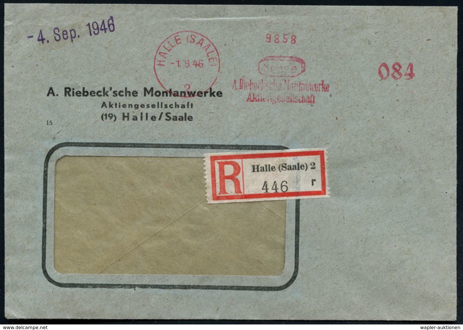 HALLE (SAALE)/ 2/ A.Riebeck'sche Montanwerke/ AG 1946 (1.9.) Total Aptierter AFS 084 Pf. = Wertrahmen Kompl. Entfernt! ( - Autres & Non Classés