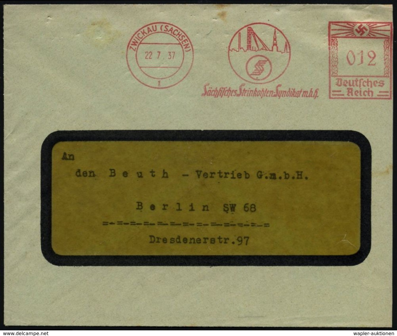 ZWICKAU(SACHSEN)/ 1/ SSS/ Sächs.Steinkohlen-Syndikat MbH. 1938 AFS = Förderturm (Monogr. "SSS", Stadtsilhoutte) Rs. Abs. - Autres & Non Classés
