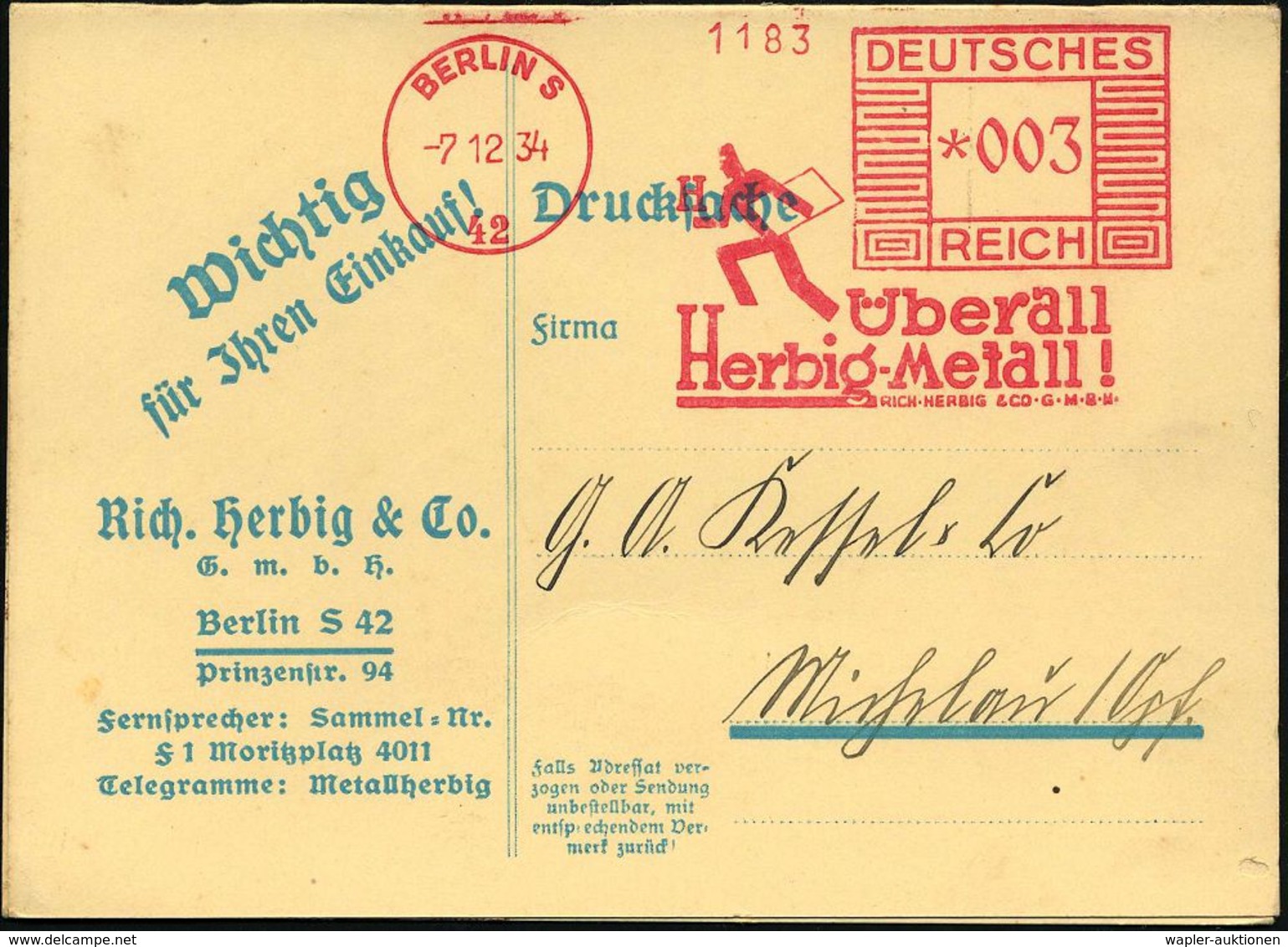 BERLIN S/ 42/ Überall/ Herbig-Metall!/ RICH.HERBIG & CO.. 1934 (7.12.) Dekorativer AFS (Figur Mit Blech) Auf Reklame-Kla - Autres & Non Classés