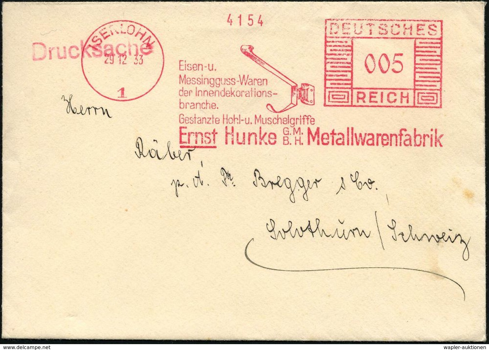 ISERLOHN/ 1/ Eisen-u./ Messingguss-Waren/ ..Gestanze Hohl-u.Muschelgriffe/ Ernst Hunke/ GMBH/  Metallwarenfabrik 1933 (2 - Altri & Non Classificati