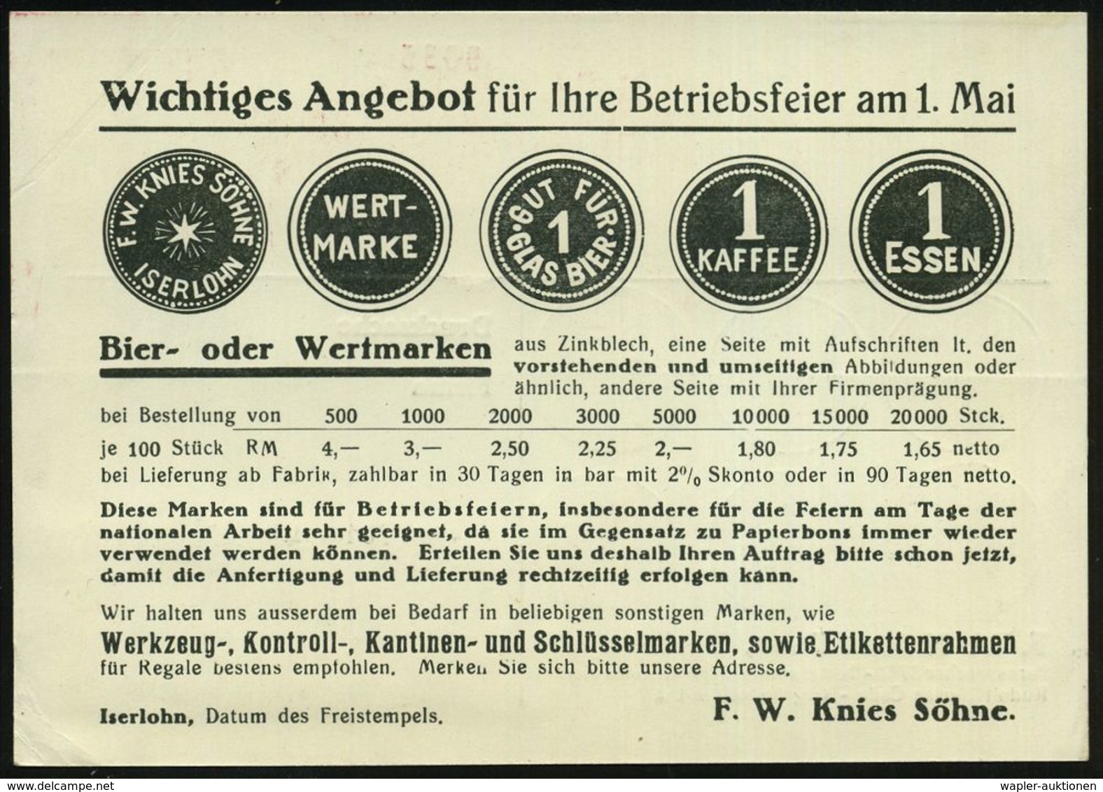 ISERLOHN/ 1/ F.W.Knies Söhne/ Metallwarenfabrik/ U.Präge-Anstalt 1939 (17.4.) AFS (Monogr.-Logo) Seltene Reklame-Kt.: Ge - Autres & Non Classés