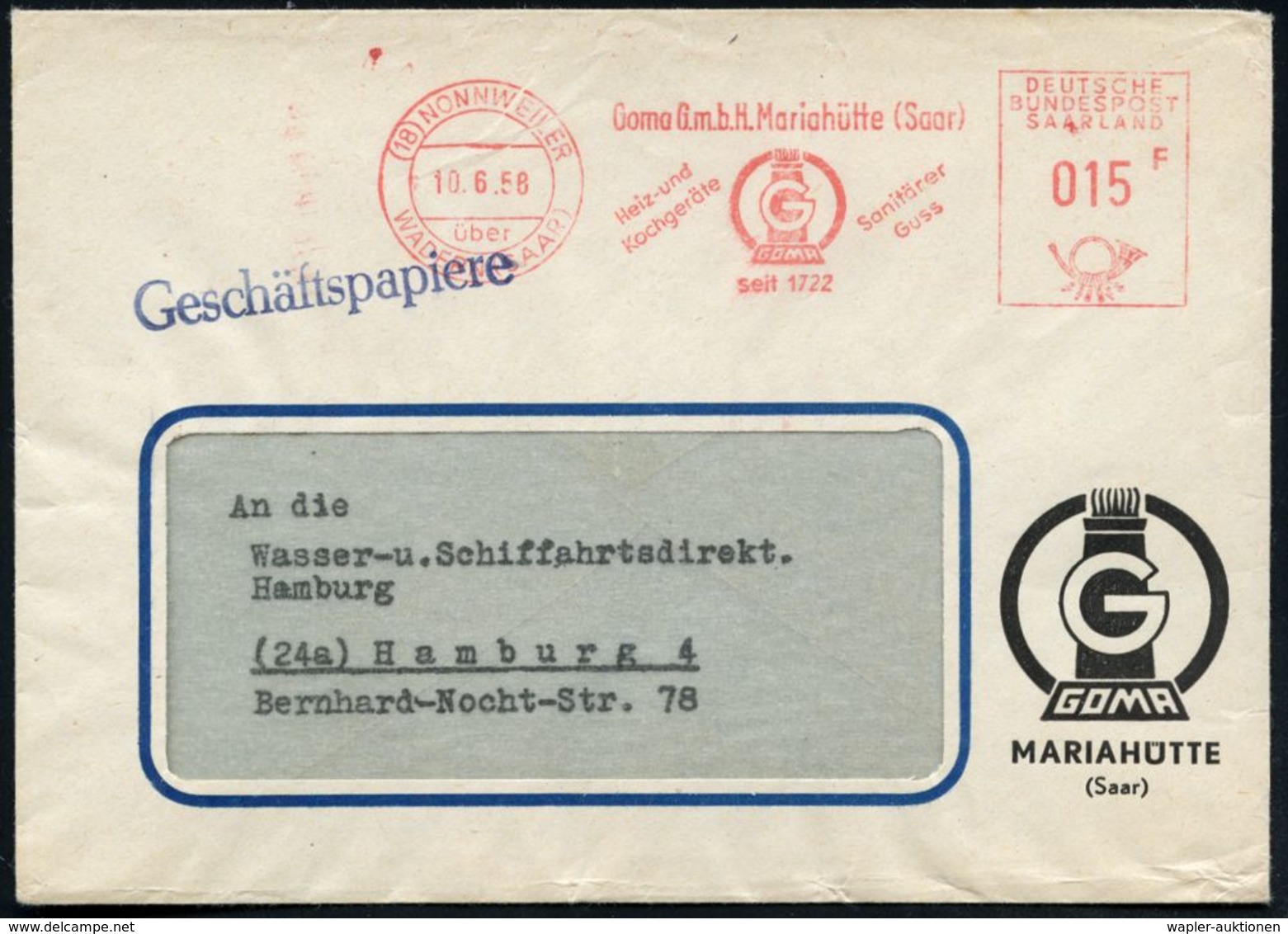 (18) NONNWEILER/ über/ WADERN (SAAR)/ Goma GmbH. Mariahütte../ Heiz-u./ Kochgeräte/ Sanitärer/  Guss.. 1958 (10.6.) Selt - Autres & Non Classés