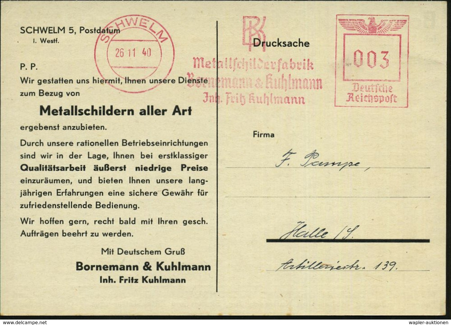 SCHWELM/ BK/ Metallschilderfabrik/ Bornemann & Kuhlmann/ Jnh.Fritz Kuhlmann 1940 (26.11.) AFS (Mono-gr.-Logo) Zweifarbig - Autres & Non Classés