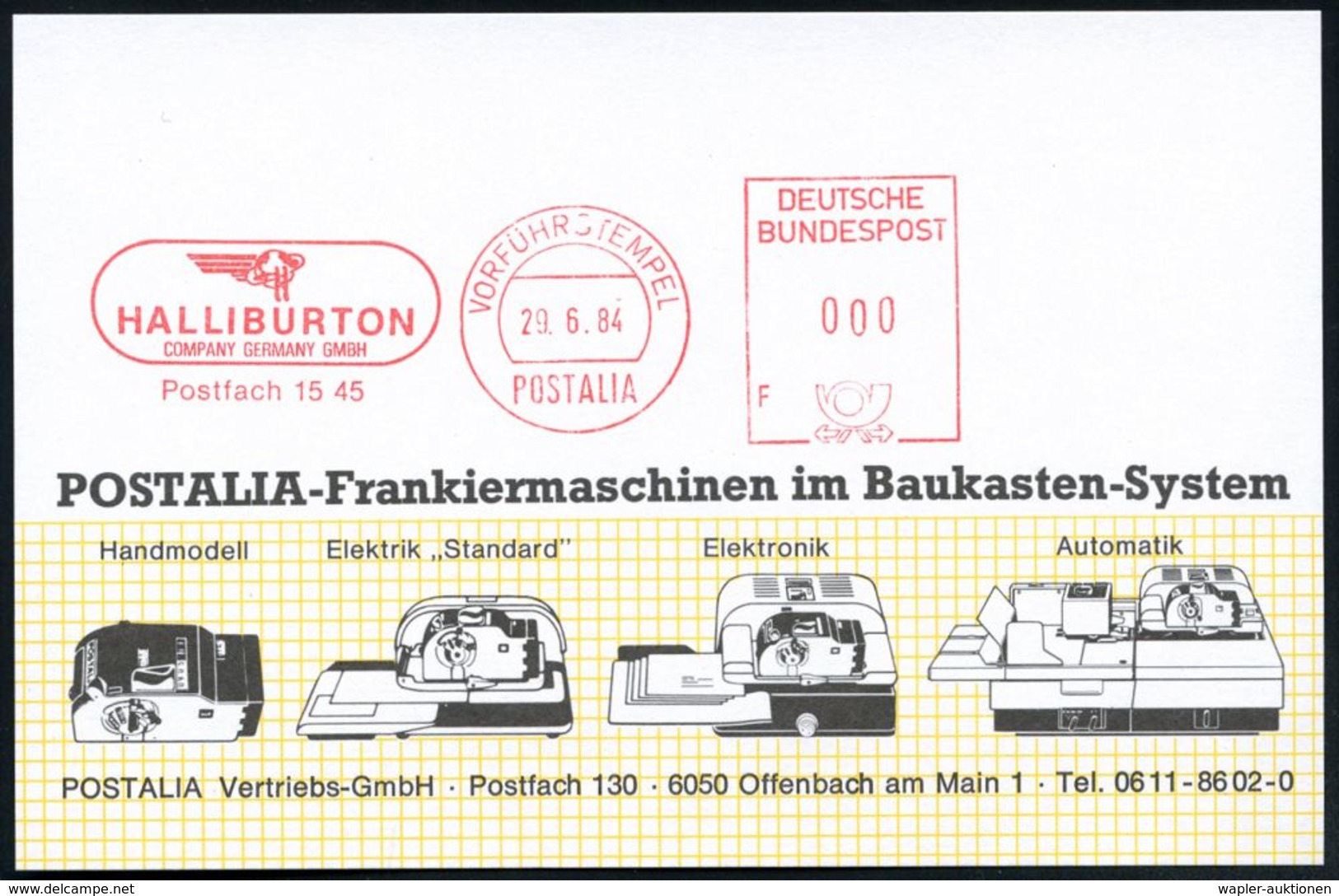 Celle 1984 (29.6.) AFS.: VORFÜHRSTEMPEL/POSTALIA/F/HALLIBURTON.. Mit Firmenlogo, Berüchtigte US-Firma, Vorstands-vorsitz - Erdöl