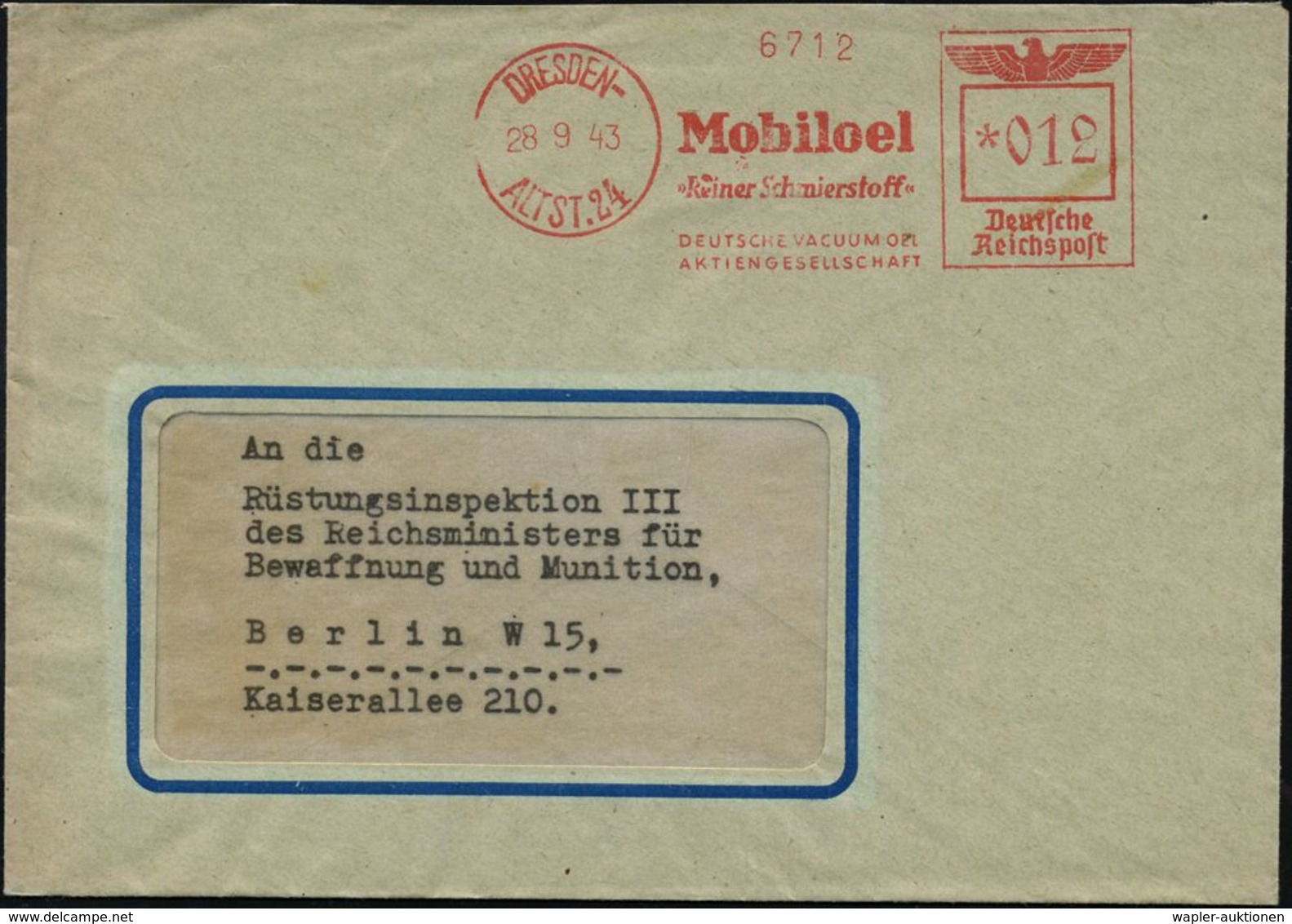 DRESDEN-/ ALTST.24/ Mobiloel/ "Reiner Schmierstoff"/ DEUTSCHE VACUUM OEL/ AKTIENGESELLSCHAFT 1943 (28.9.) Seltener AFS = - Pétrole