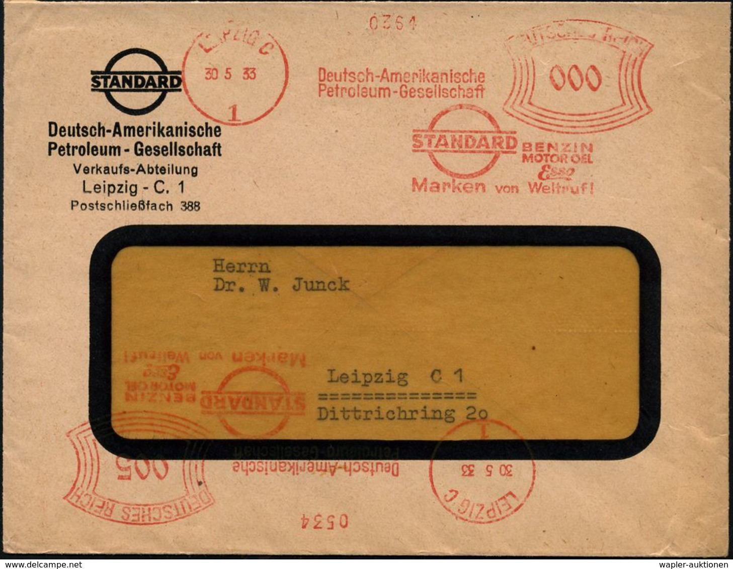 LEIPZIG C/ 1/ Deutsch-Amerikanische/ Petroleum-Ges./ STANDARD/ BENZIN/ MOTOR OEL/ Esso.. 1933 (30.5.) AFS 000 + 005 Pf.  - Pétrole