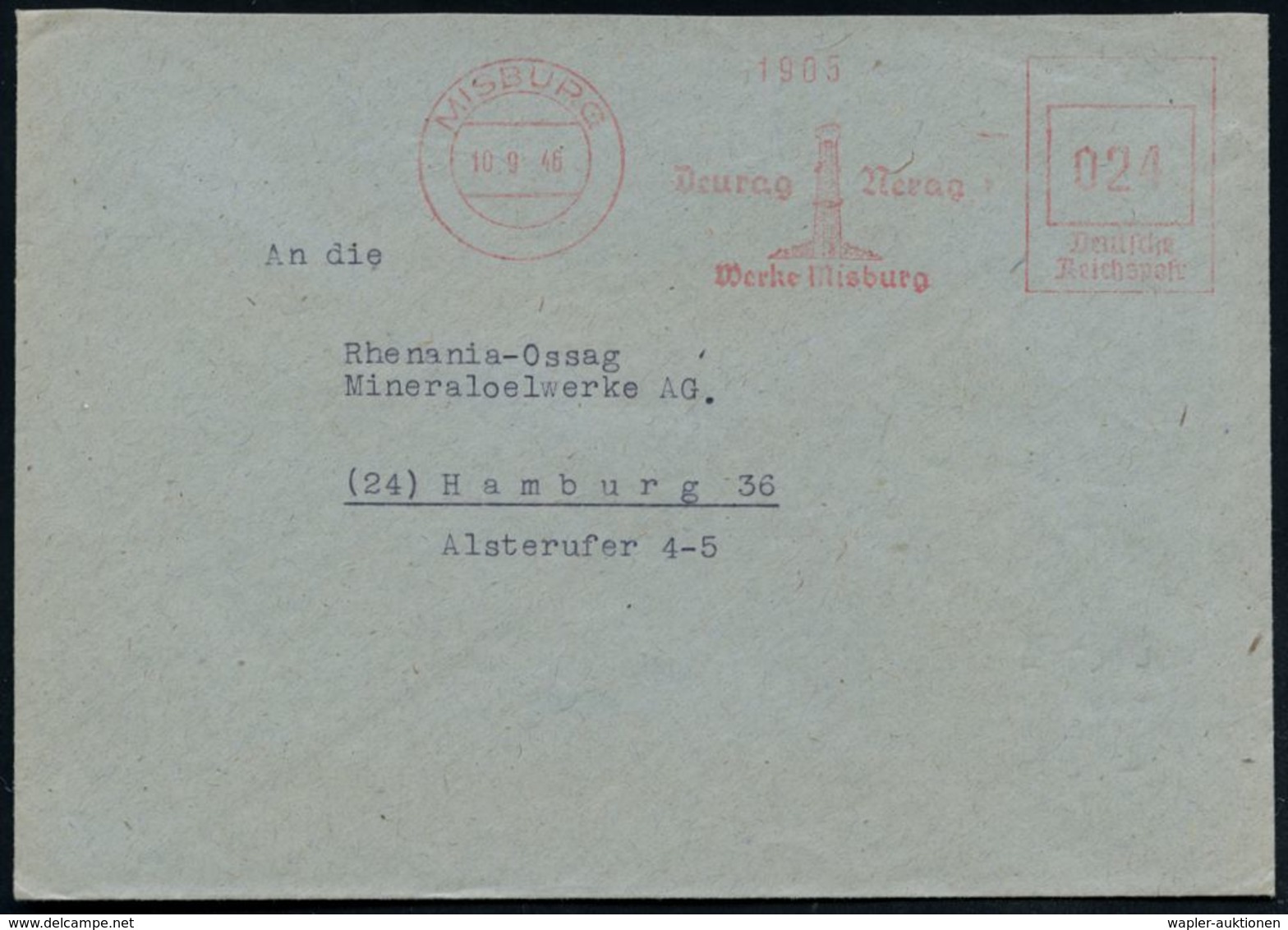 MISBURG/ Deurag Nerag/ Werk Misburg 1946 (10.9.) Seltener, Aptierter AFS = NS-Adler Entfernt (= Erdöl-Bohrturm) Fernbf.  - Pétrole