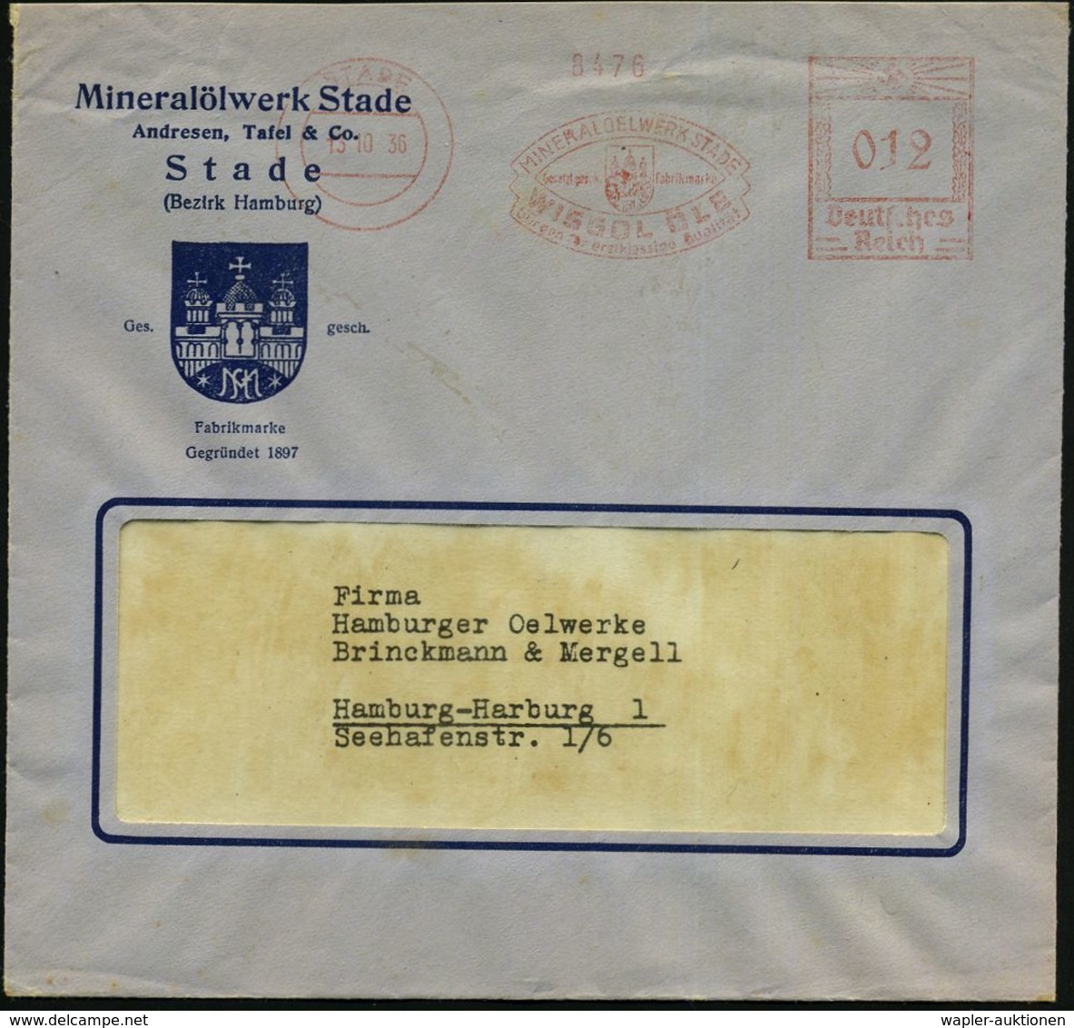STADE/ MINERALÖLWERK STADE/ WISSOL ÖLE.. 1936 (13.10.) AFS (Wappen-Logo) Motivgl. Firmen-Bf.: Mineralwerk Stade/Andresen - Pétrole