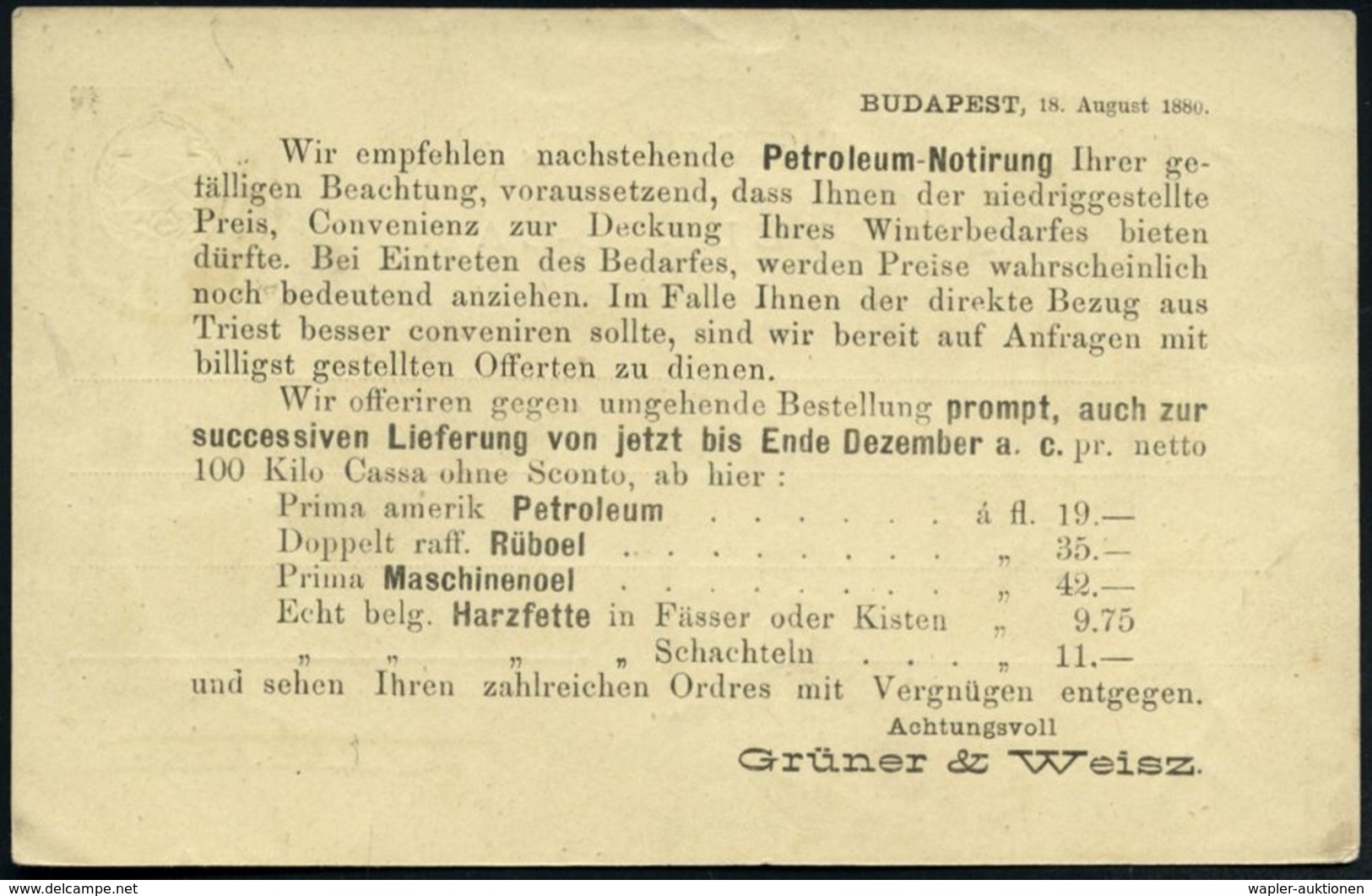 UNGARN 1880 (17.8.) Amtl. Inl.-P 2 F. Braunsrosa, Rs. Reklame-Zudruck: ..Petroleum-Notirung.. Prima Amerik. Petroleum/ D - Pétrole