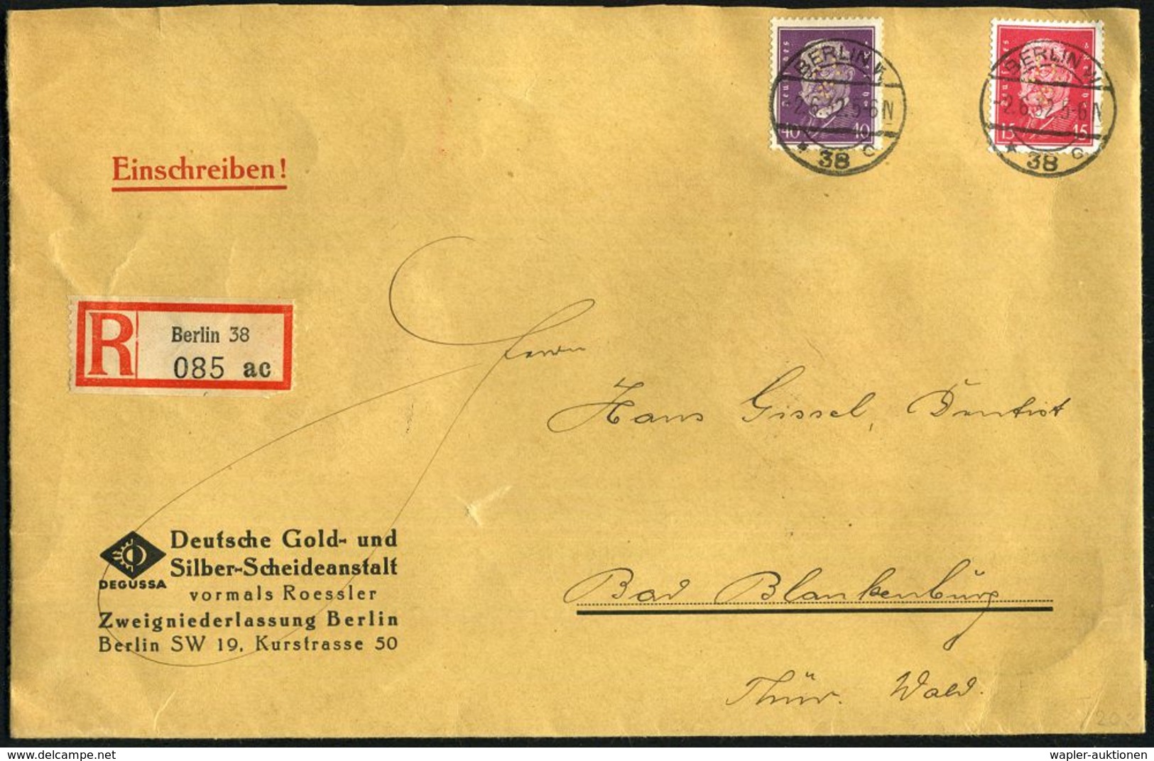 BERLIN W/ *38c 1932 (2.6.) 1K-Steg Auf 15 Pf. U. 40 Pf. Hindenbg. Mit Firmenlochung: "D. G. / S." = D Eutsche Gold- U. S - Autres & Non Classés