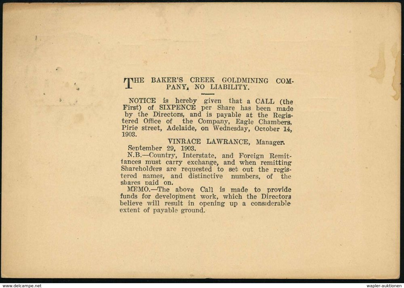 SÜDAUSTRALIEN 1903 (2.10.) 1 D. Inl.-P. Victoria, Braun + Rs.Zudruck: THE BAKER'S CREEK GOLDMINING COMPANY = Shareholder - Autres & Non Classés