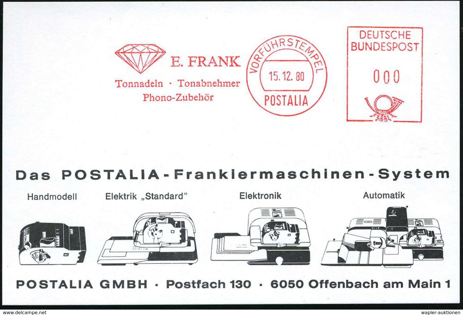 B.R.D. 1980 (15.12.) AFS: VORFÜHRSTEMPEL/POSTALIA/E.FRANK/Tonnadeln-Tonabnehmer.. = Diamant,  Seltene Postalia-Musterkt. - Autres & Non Classés