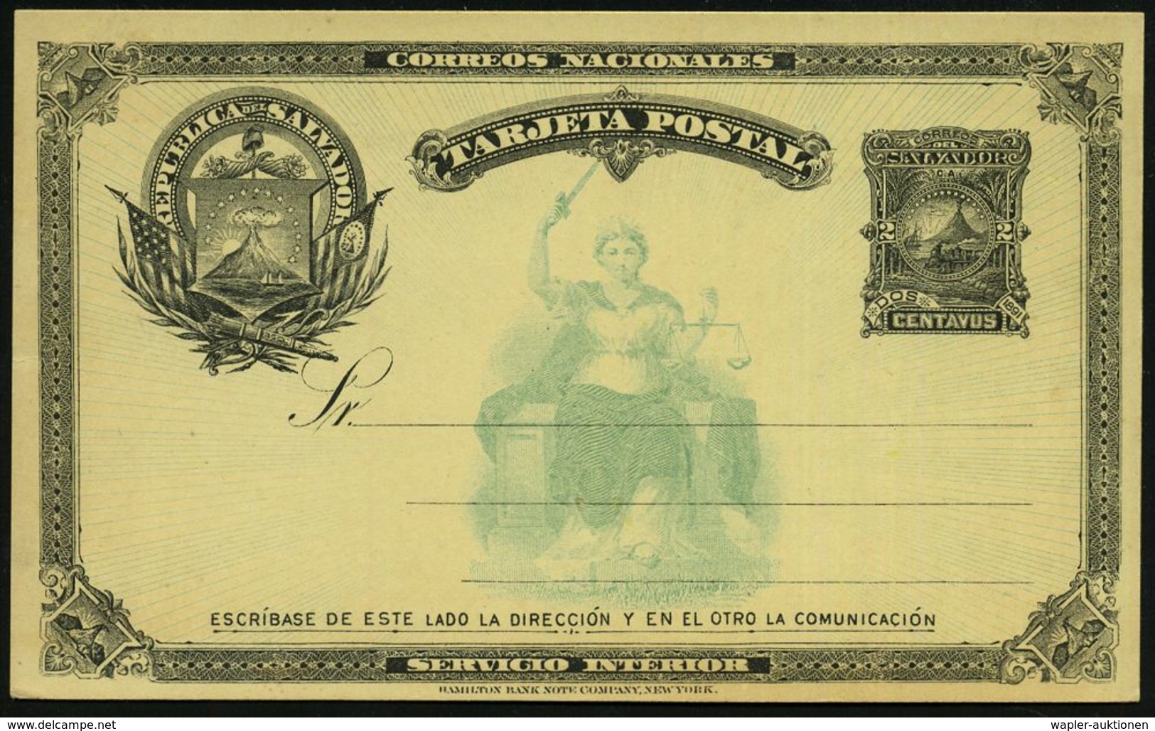 EL SALVADOR 1895 2 C. Inl.-P. Justitia: Vulkan "San Miguel" (+ Dampflok) Links Bogen Mit Bogen, Köcher, Flaggen U. Vulka - Volcans