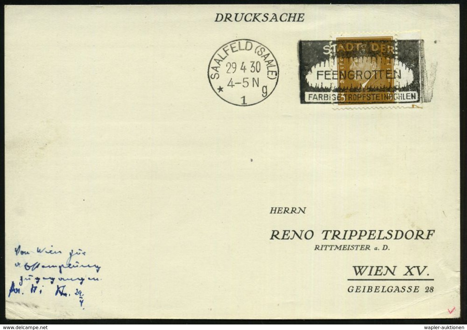 SAALFELD (SAALE)/ *1g/ STADT DER/ FEENGROTTEN/ FARBIGE TROPFSTEINHÖHLEN 1930 (29.4.) Dekorativer, Seltener MWSt = Tropfs - Autres & Non Classés