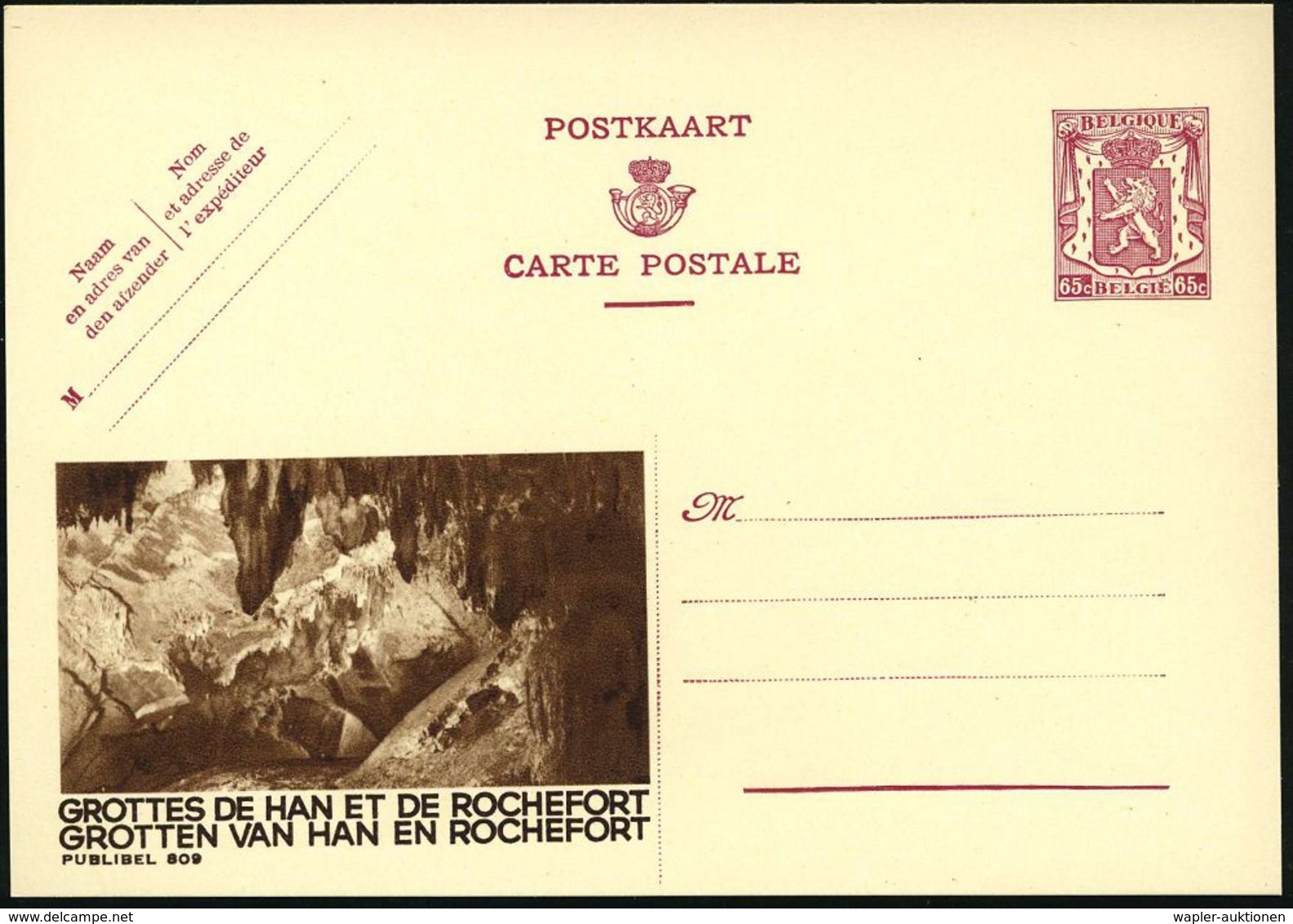 BELGIEN 1946 65 C. Reklame-P., Löwe, Lila: GROTTEN VAN HAN EN ROCHEFORT = Tropfsteinhöhle , Fläm. Titel Oben, Ungebr. (M - Autres & Non Classés