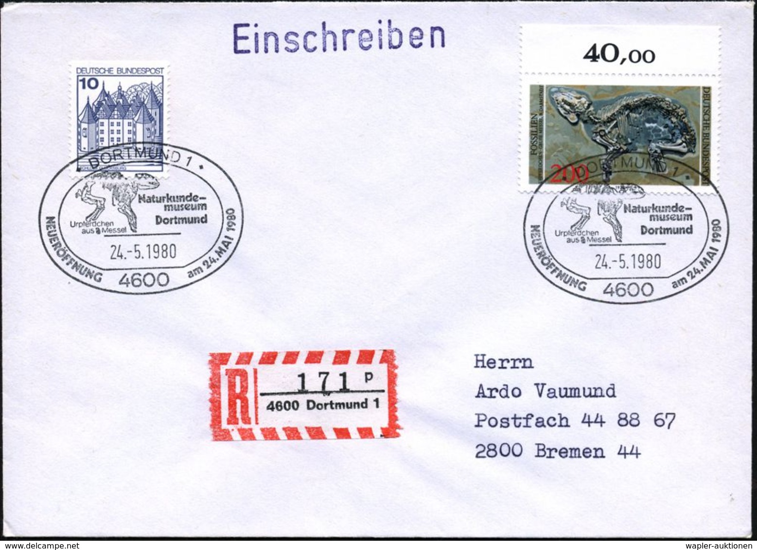 4600 DORTMUND1/ Naturkunde-/ Museum/ Urpferdchen/ Aus Messel.. 1980 (24.5.) SSt = Urpferd 2x Auf Motivgl. 200 Pf. Urpfer - Autres & Non Classés