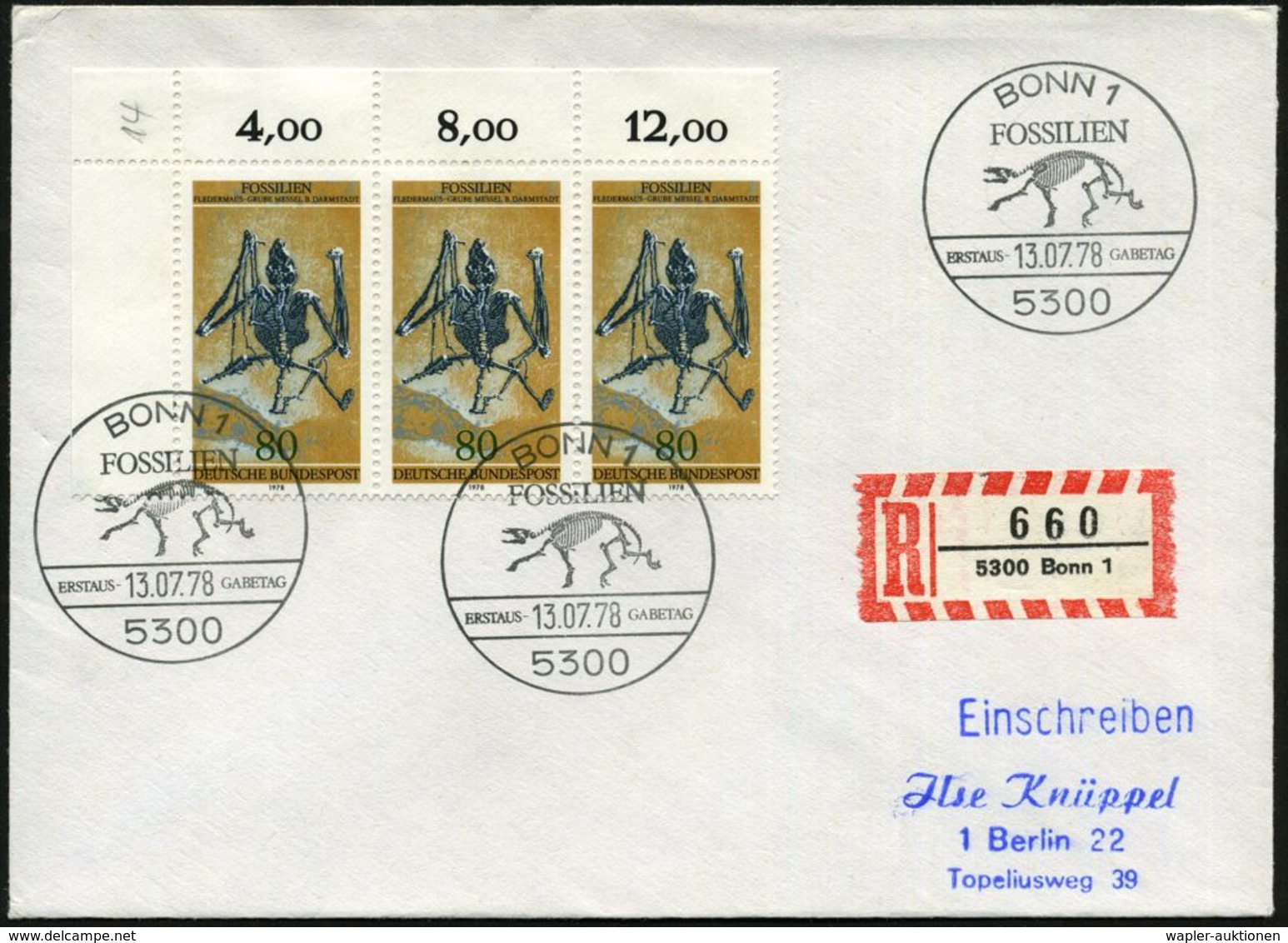 B.R.D. 1978 (13.7.) 80 Pf. Fossile Fledermaus, Reine MeF: Rand-3er-Streifen , 3x ET-SSt. (5300 BONN 1), Inl.-R-FDC  (Mi. - Autres & Non Classés