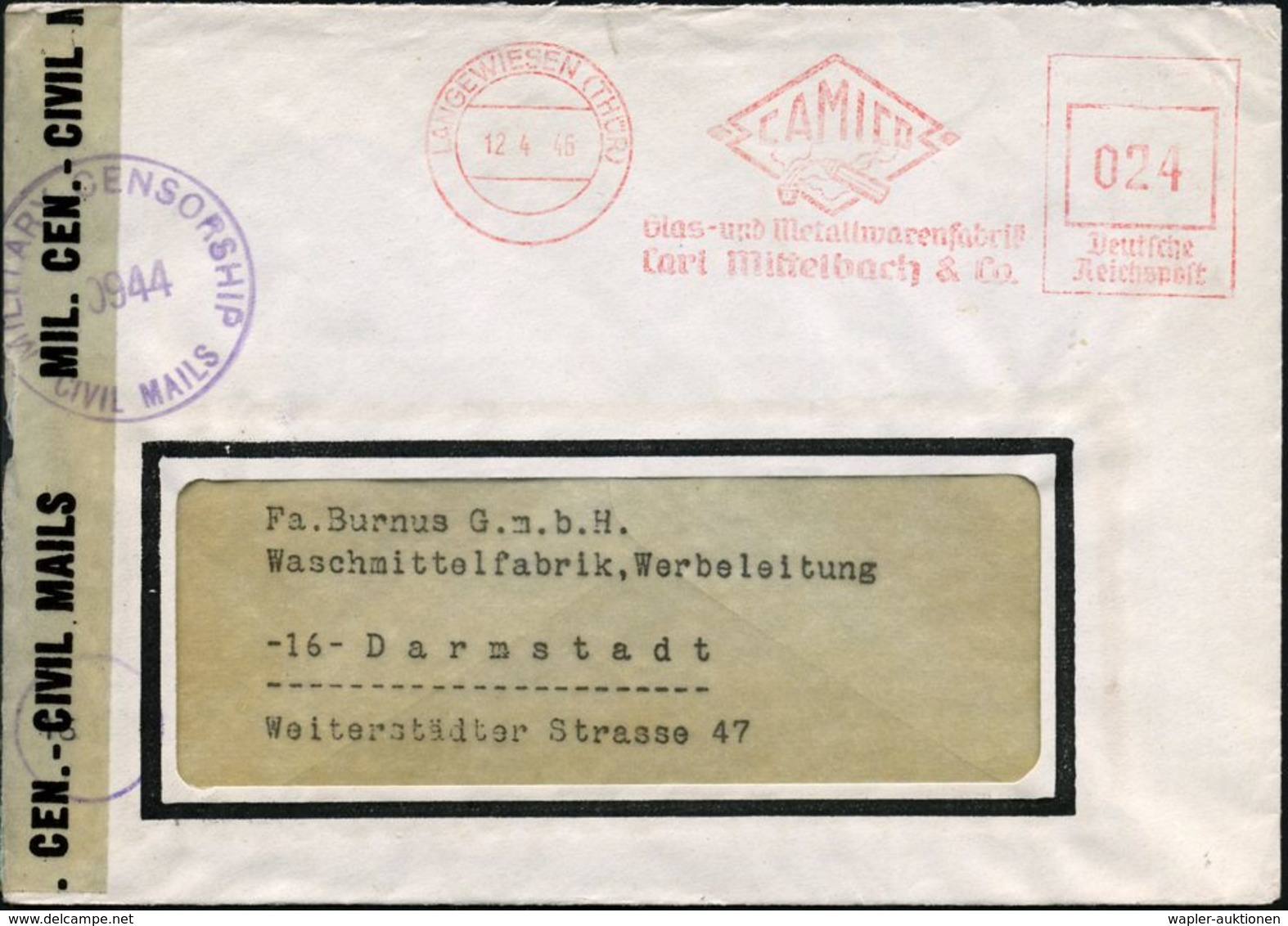 LANGEWIESEN (THÜR)/ CAMICO/ Glas-u.Metallwarenfabrik/ Carl Mittelbach.. 1946 (12.4.) Aptierter AFS = NS-Adler Entfernt = - Vetri & Vetrate