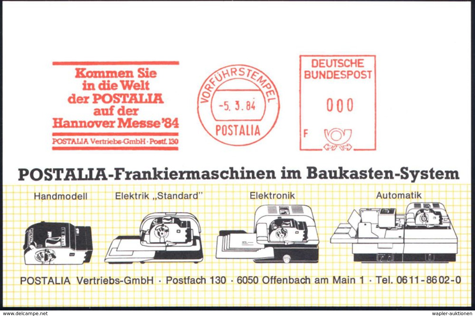 B.R.D. 1984 (5.3.) AFS: VORFÜHRSTEMPEL/POSTALIA/..POSTALIA/auf D./Hannover Messe'84.. Seltene Postalia-Musterkt.!  (= Sp - Sin Clasificación