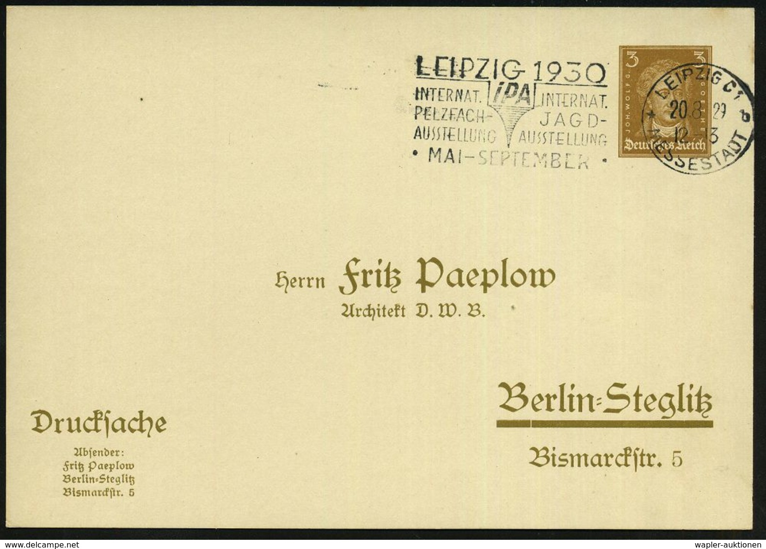 LEIPZIG C1/ *b/ MESSESTADT/ IPA/ INTERNAT./ PELZFACH-/ JAGD-/ AUSSTELLUNG 1929 (20.8.) MWSt Auf PP 3 Pf. Goethe (F. Paep - Ohne Zuordnung