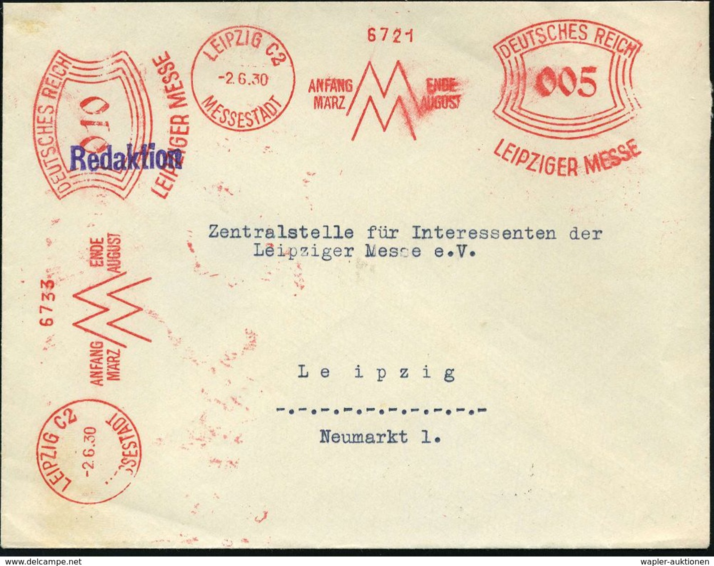 LEIPZIG C2/ MESSESTADT/ ANFANG/ MÄRZ/ MM/ ENDE/ AUGUST.. 1930 (2.6.) AFS 005 Pf. + 010 Pf. ,2 Abdrucke! , Rs.Abs.-Vordr. - Non Classés