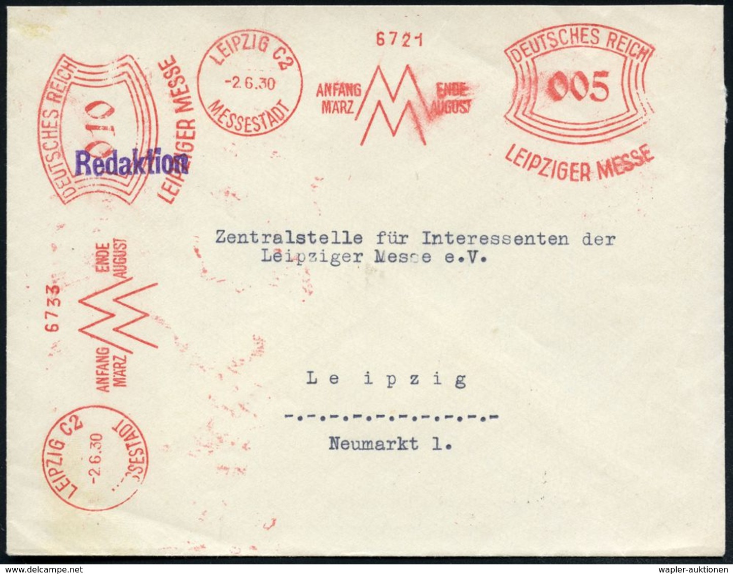 LEIPZIG C2/ MESSESTADT/ ANFANG/ MÄRZ/ MM/ ENDE/ AUGUST.. 1930 (2.6.) AFS 005 Pf. + 010 Pf. ,2 Abdrucke! , Rs.Abs.-Vordr. - Non Classés