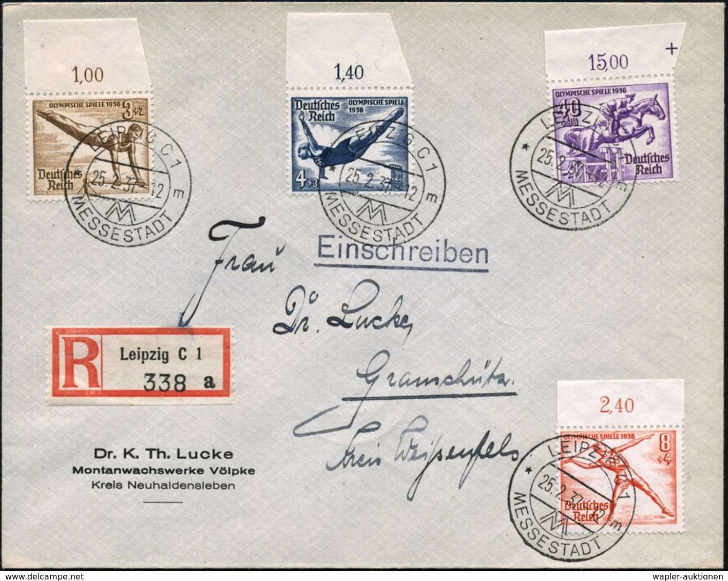 LEIPZIG C 1/ *m/ MM/ MESSESTADT 1937 (25.2.) HWSt Mehrfach Auf Besserer Olympia-Frankatur (Mi.619 U.a., + 25.- EUR) + RZ - Non Classés