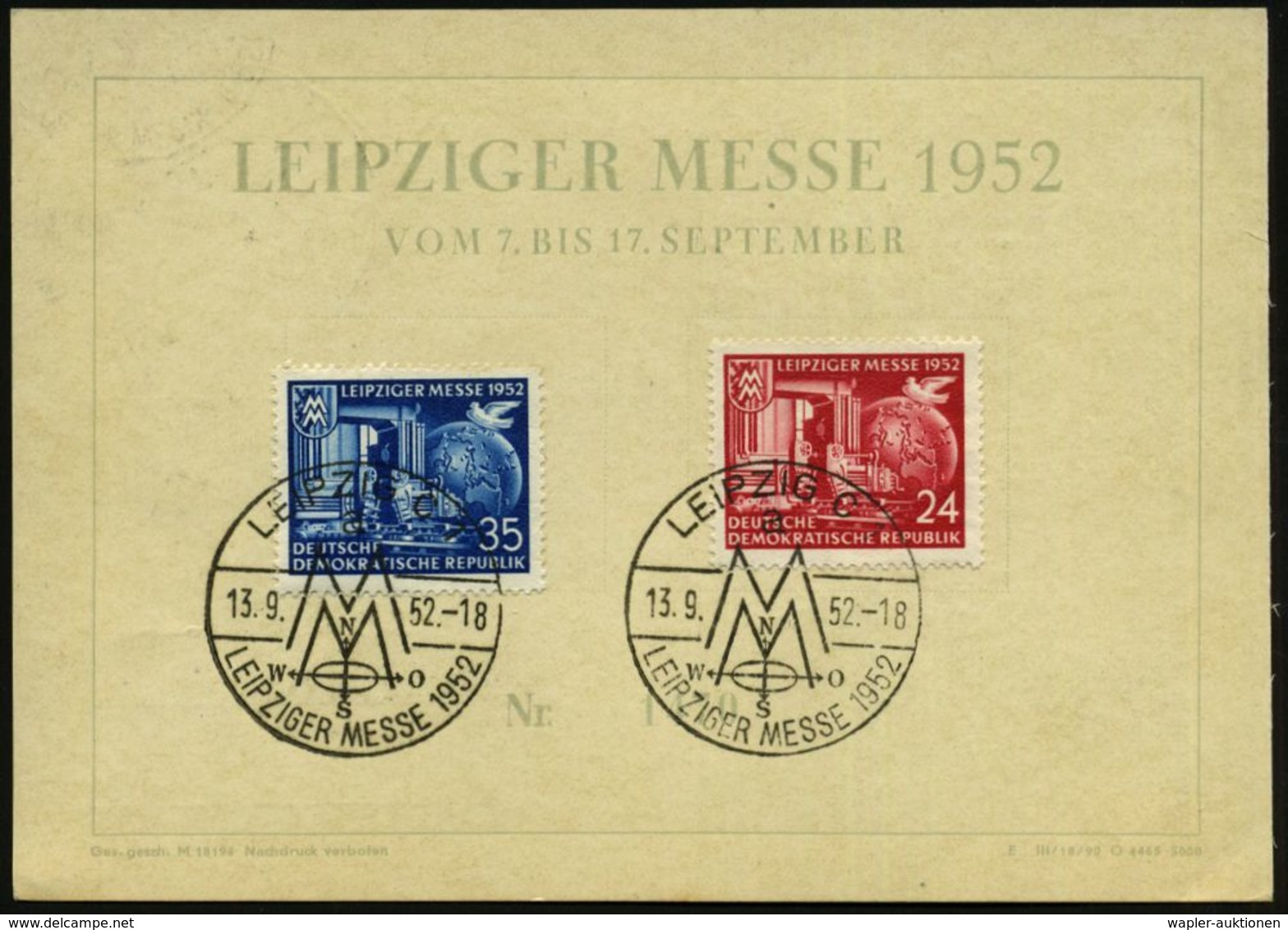 LEIPZIG C 1/ A/ MM/ LEIPZIGER MESSE 1952 (13.9.) SSt Auf Kompl. Satz Leipz. Messe (Mi.315/16) Rs. Auf Bedarfs-Messe-Sond - Non Classés