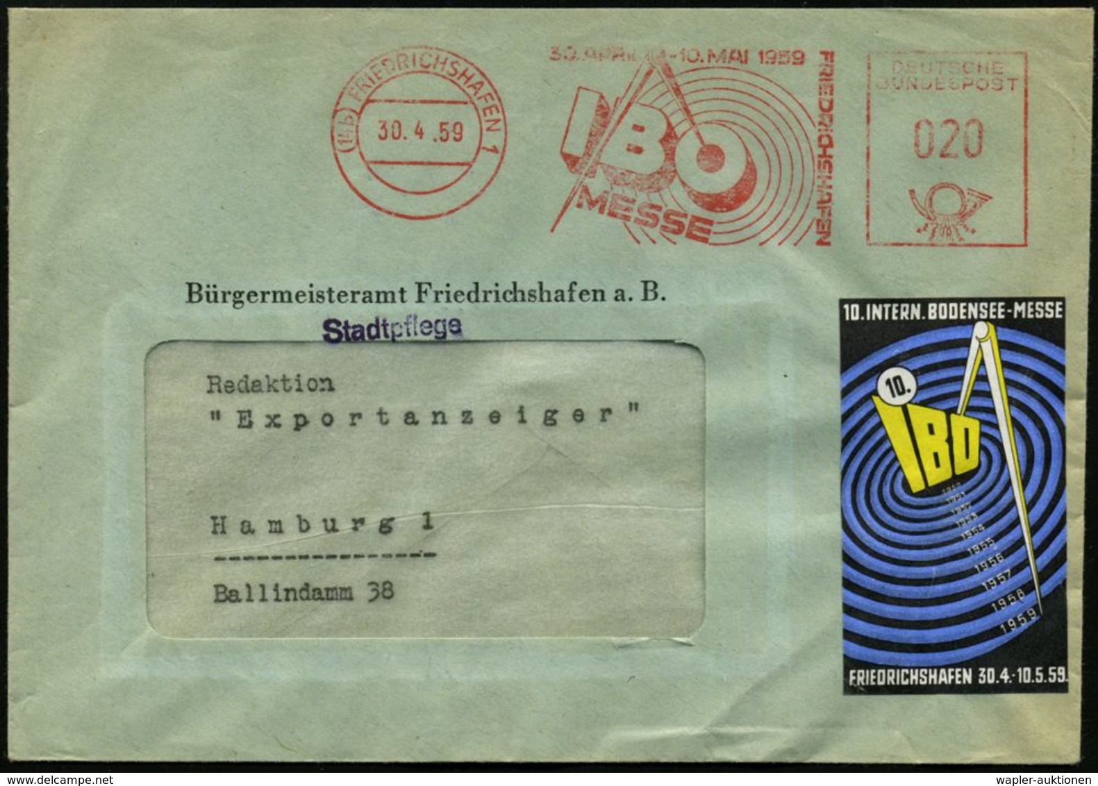 (14b) FRIEDRICHSHAFEN 1/ IBO/ MESSE/ 30.APRIL-1.MAI 1959 (30.4.) AFS Vom Eröffnungstag (Kreise, Zirkel) + Motivgl. Messe - Ohne Zuordnung