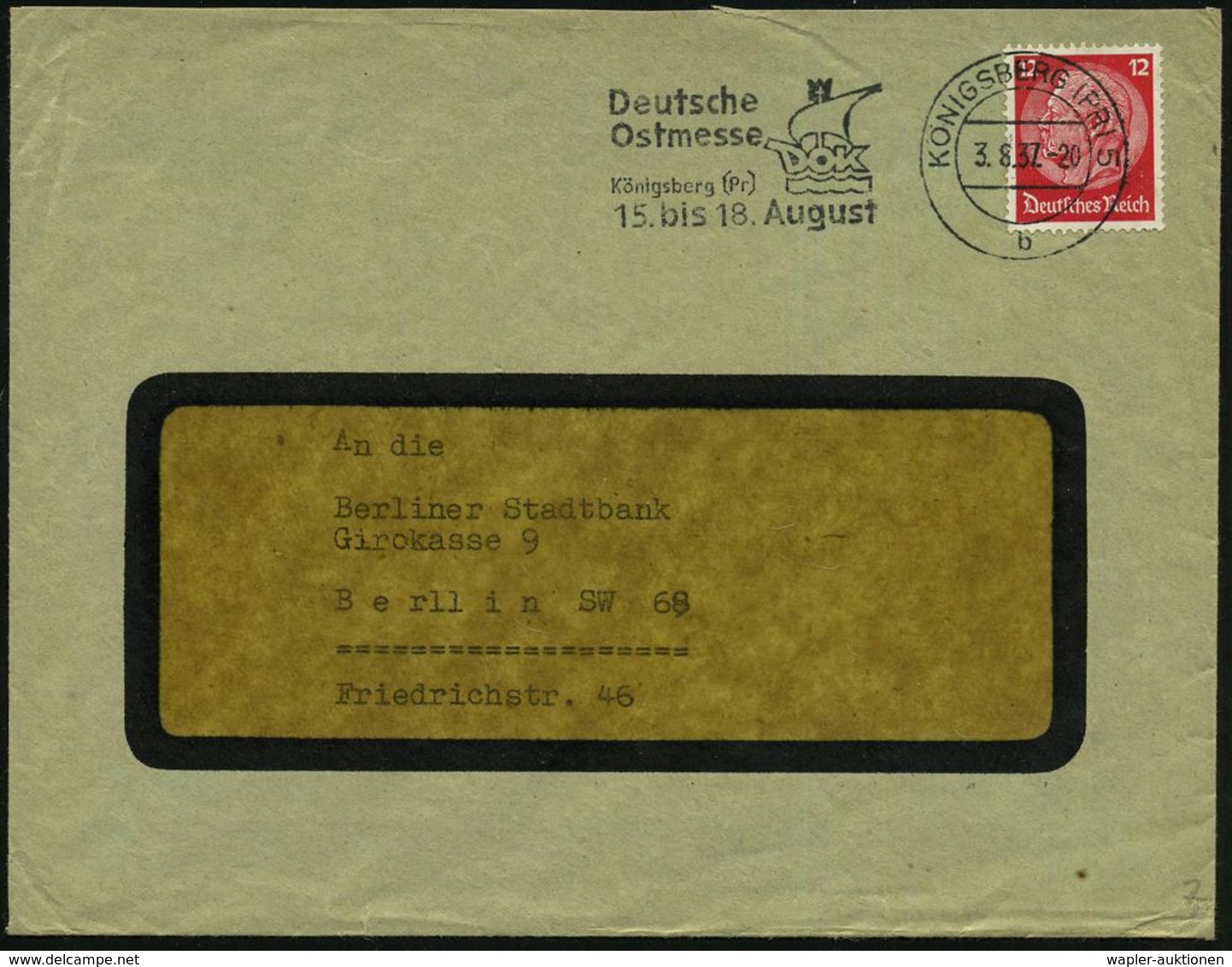 KÖNIGSBERG (PR)5/ B/ Deutsche/ Ostmesse/ DOK/ ..15.bis 18.August 1937 (3.8.) MWSt = DOK-Kogge (DOK-Kogge) Klar Gest. Inl - Sin Clasificación