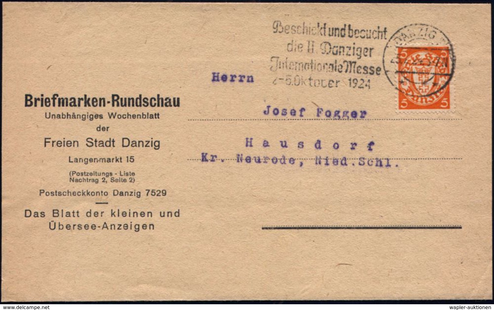 DANZIG 1924 (25.7.) MWSt: DANZIG 1/***/Beschickt U. Besucht/die II. Danziger/Jnternat. Messe.. (Wolff Nr.65) EF 5 Pf. Wa - Sin Clasificación