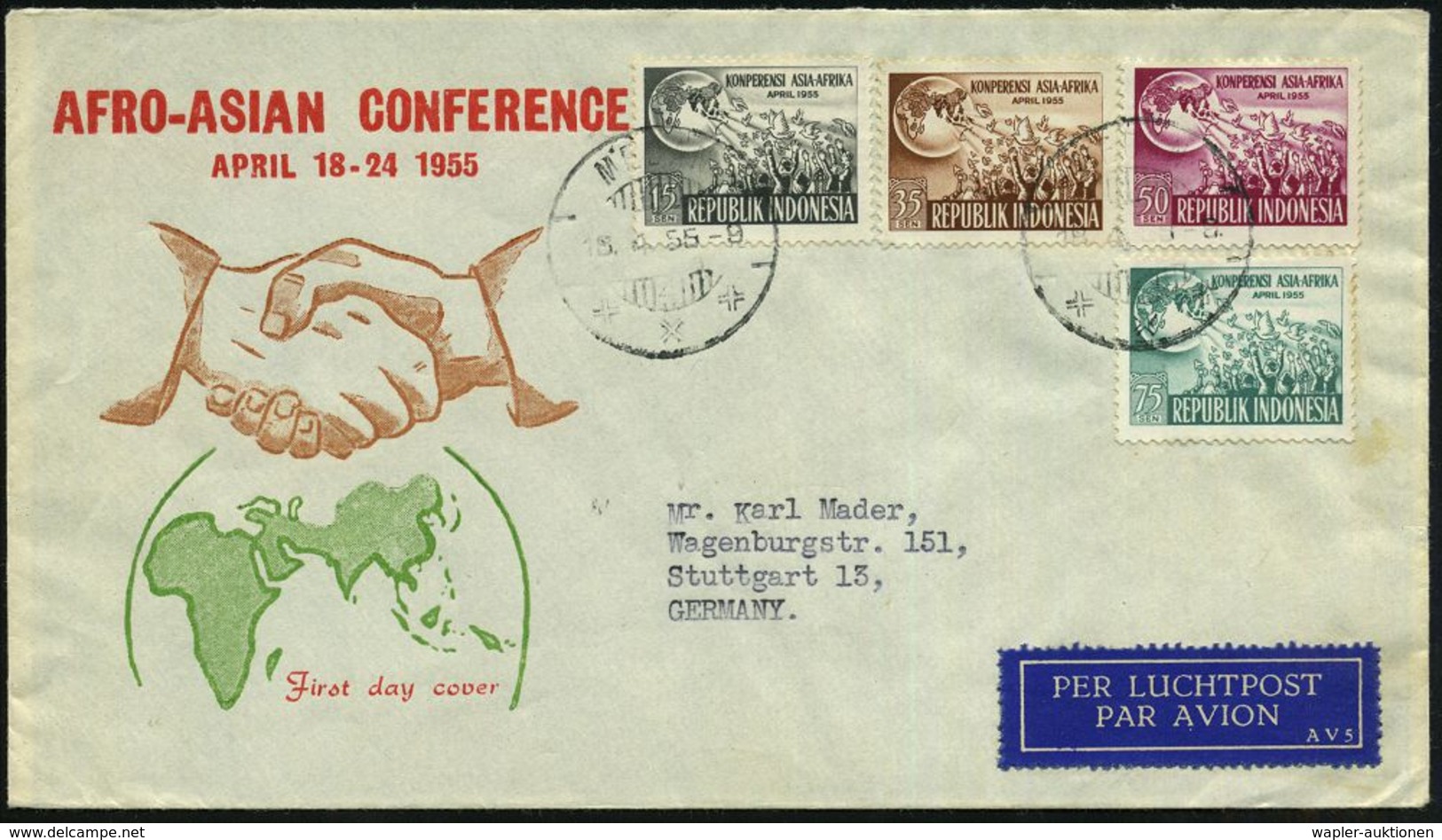 INDONESIEN 1955 (18.4.) Afro-Asiatische Konferenz, Kompl.Satz , Sauber Gest. Übersee-Flp-FDC-SU.!  (Mi.134/37) - Windjam - Autres & Non Classés
