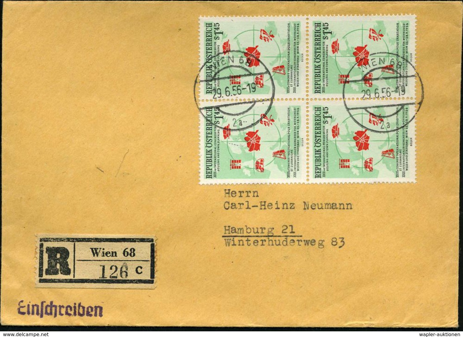 ÖSTERREICH 1956 (29.6.) 1,45 S. "23. Internat. Städtebau-Kongreß Wien", Reine MeF: 4er-Block ,ortsgl.Stempel  + RZ: Wien - Autres & Non Classés