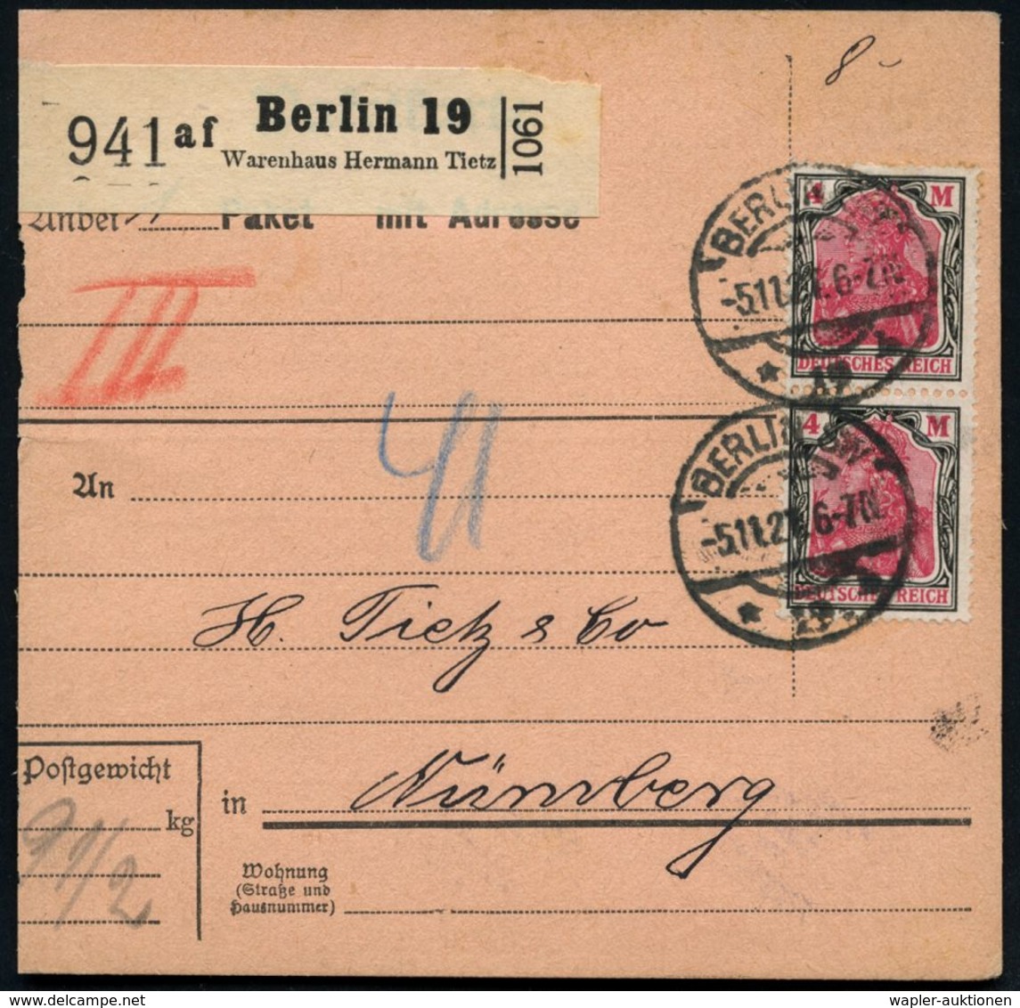 Berlin 19/ Af/ Warenhaus Hermann Tietz 1921 (Nov.) Selbstbucher-Paketzettel + 1K-Steg: BERLIN SW/* 19 H, Paar 4 Mk. Germ - Judaisme