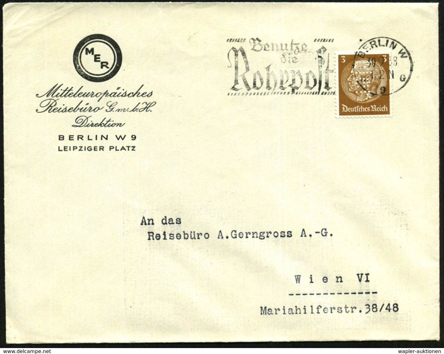 Berlin W9 1938 3 Pf. Hindenbg. Mit Firmenlochung "M E R" = M Ittel-Europäisches Reisebüro Auf Firmen-Inl.-Bf.: M E R, Da - Judaisme