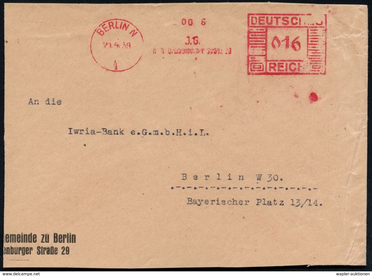 BERLIN N/ 4/ J.G./ N4. Oranienburger Str.29 1939 (21.4.) Sehr Seltener, Anonymisierter AFS = J üdische Gemeinde Berlin,  - Judaisme