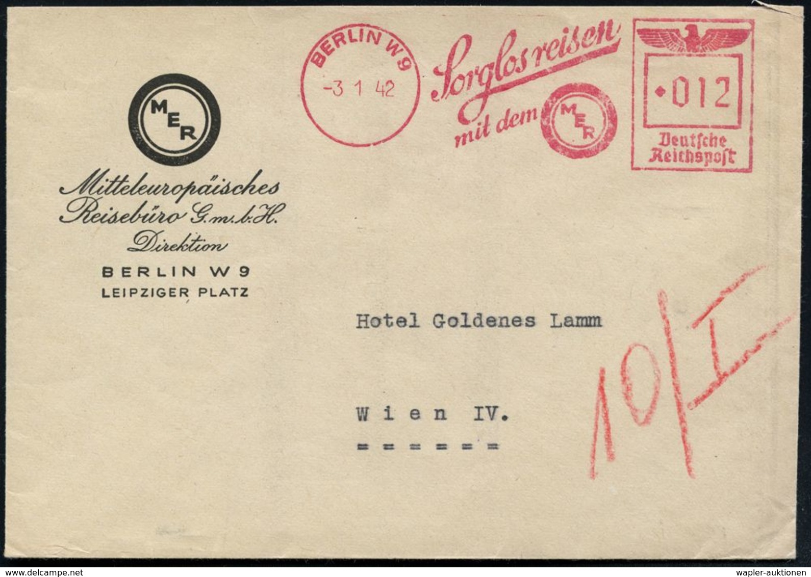 BERLIN W9/ Sorglos Reisen/ Mit Dem/ MER 1942 (3.1.) AFS = MER-Logo (= Mittel-Europ.Reisebüros) Motivgl. Fern-Bf. Aus Der - Judaika, Judentum