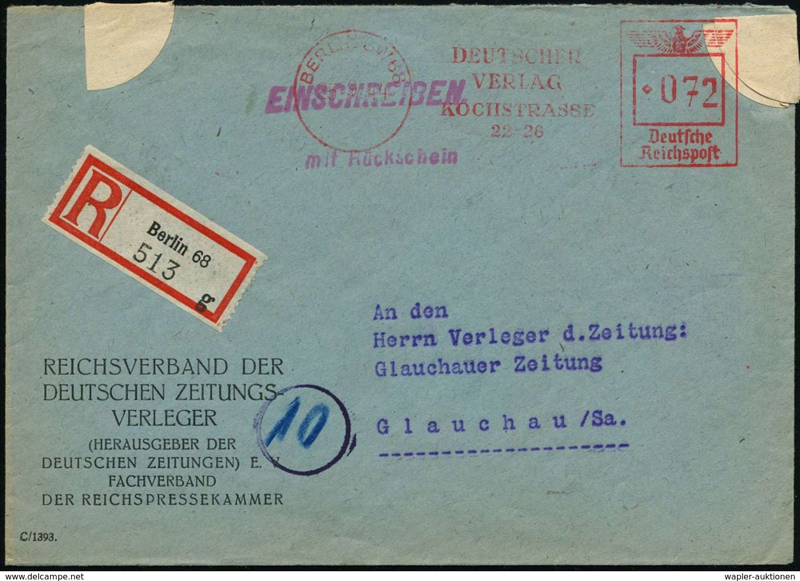 BERLIN SW 68/ DEUTSCHER/ VERLAG/ KOCHSTRASSE/ 22-26 1944 (25.9.) AFS 072 Pf. = "arisierter" Ullstein-Verlag Via Cautio-G - Judaika, Judentum