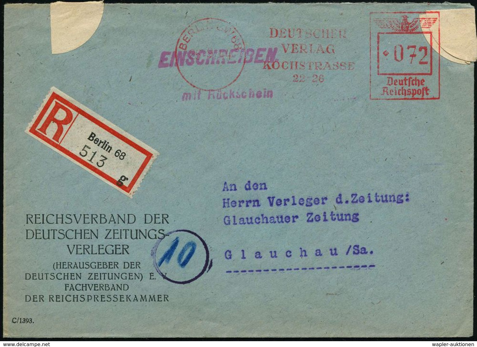 BERLIN SW 68/ DEUTSCHER/ VERLAG/ KOCHSTRASSE/ 22-26 1944 (25.9.) AFS 072 Pf. = "arisierter" Ullstein-Verlag Via Cautio-G - Judaisme