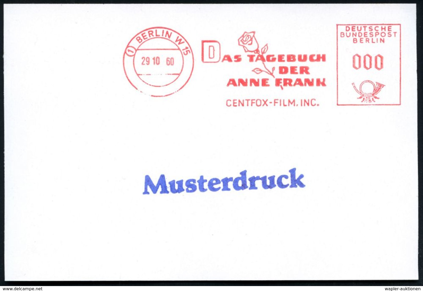 (1) BERLIN W 15/ DAS TAGEBUCH/ DER/ ANNE FRANK/ CENTFOX-FILM INC. 1960 (29.10.) Seltener AFS In 000 (Rose) + Blauer 1L:  - Judaisme