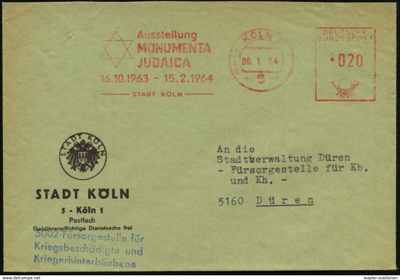 5 KÖLN 1/ Ausstellung/ MONUMENTA/ JUDAICA../ STADT KÖLN 1964 (6.1.) Seltener AFS = Davidstern (AFS Wie Meist Etw. Abgenu - Judaisme