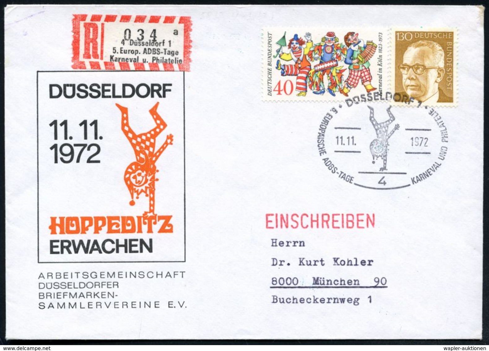 4 DÜSSELDORF 1/ ..KARNEVAL U.PHILATELIE 1972 (11.11.) SSt = Narr Macht Handstand Auf 40 Pf. Karneval (Mi.748 U.a.) + Son - Carnevale